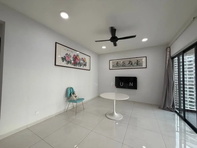 Living features: white painted walls, glossy ceramic tile flooring, 5-blade ceiling fan with light, wall-mounted TV, round coffee table, blue upholstered chair, floor-to-ceiling windows, sheer curtains; style: modern; view: city.