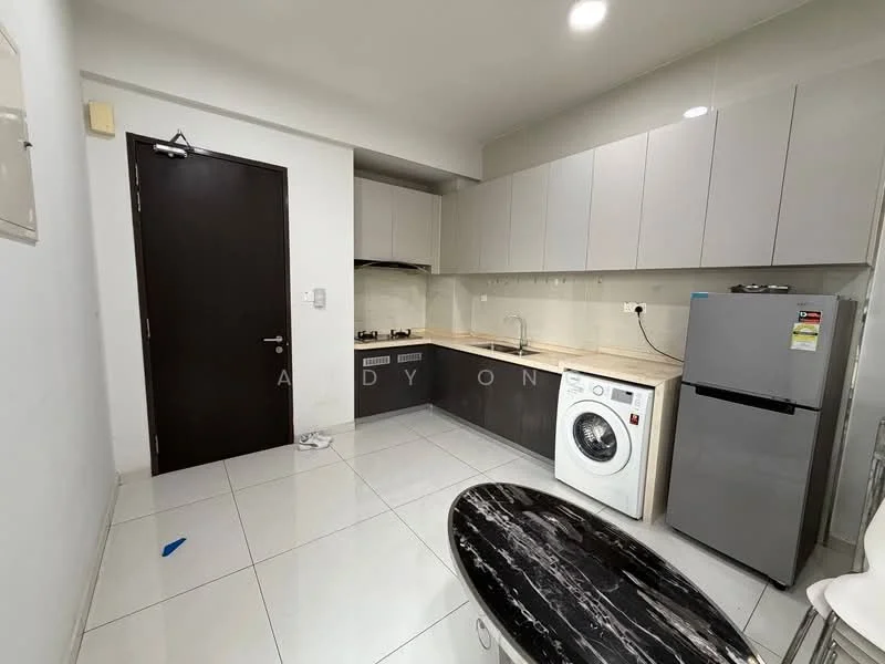 Kitchen features: grey upper cabinets, white lower cabinets, stainless-steel sink, chrome pull-down faucet, black countertop, built-in gas stove, built-in oven, stainless-steel fridge, front-load washing machine, white tiled backsplash, white tiled flooring, recessed downlights, wall-mounted cabinet, door to hallway; style: modern.