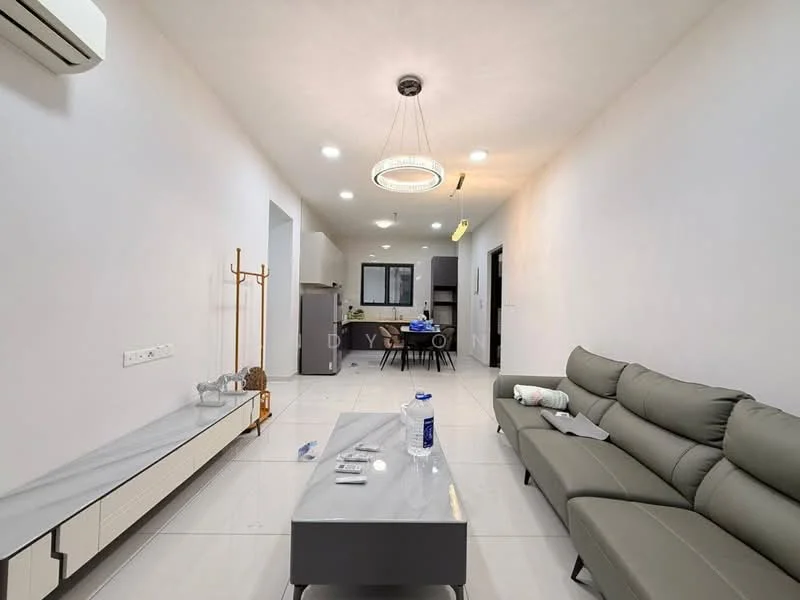 Living features: grey fabric sectional sofa, marble coffee table, white painted walls, recessed LED downlights, 1 wall-mounted split AC, floor-to-ceiling windows, ceramic tile flooring, decorative wall-mounted coat rack, kitchen area visible in background; style: modern.