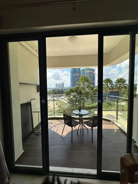 Room features: floor-to-ceiling sliding glass door, glass balcony railing, outdoor dining table with two chairs, wooden flooring, view of city skyline, palm trees visible outside, overhead ceiling light, partially covered balcony; style: modern; view: city.