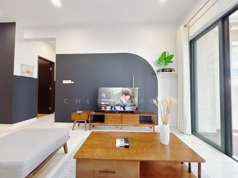Living features: white walls, dark accent wall, large sliding glass door, floor-to-ceiling windows, white curtains, light-colored sofa, wooden coffee table, wooden TV console, wall-mounted TV, decorative plant, decorative vase, area rug, recessed downlights; style: modern.