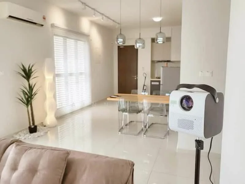 Living features: white painted walls, glossy tile flooring, 5-blade ceiling fan with light, recessed downlights, floor-to-ceiling windows with blinds, sofa in beige fabric, wooden dining table, transparent dining chairs, decorative floor lamp, projector on stand, indoor plant, kitchen area visible in background; style: modern.