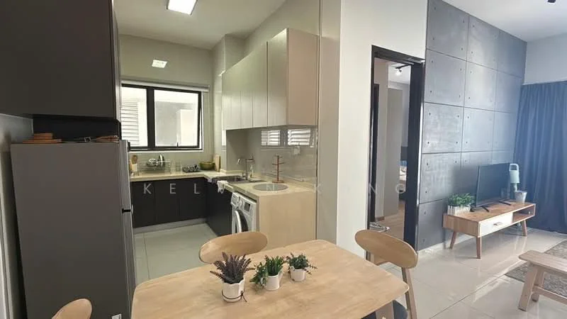 Kitchen features: white shaker cabinets, black lower cabinets, stainless-steel sink, chrome pull-down faucet, built-in oven, freestanding washing machine, ceramic tile flooring, recessed downlights, window with view to outside, countertop with space for appliances, open shelving, kitchen island with seating; style: modern. Living features: wall-mounted TV, wooden TV console, grey curtains, decorative plants, ceramic tile flooring, recessed downlights; style: modern.