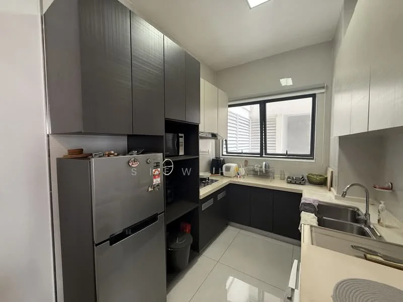 Kitchen features: black and white cabinetry, stainless-steel fridge, built-in oven, ceramic cooktop, double-bowl stainless-steel sink, chrome pull-down faucet, countertop with beige surface, wall-mounted cabinets, open shelving, window with horizontal blinds, tile flooring, recessed ceiling lights; style: modern.