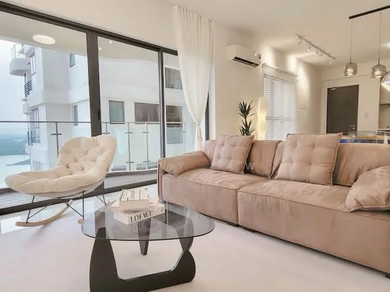 Living features: beige fabric sofa, glass coffee table, floor-to-ceiling windows, sliding glass door, white sheer curtains, wall-mounted split AC, decorative houseplant, light fixtures with pendant lamps, light-colored flooring, neutral wall color; style: modern; view: city.