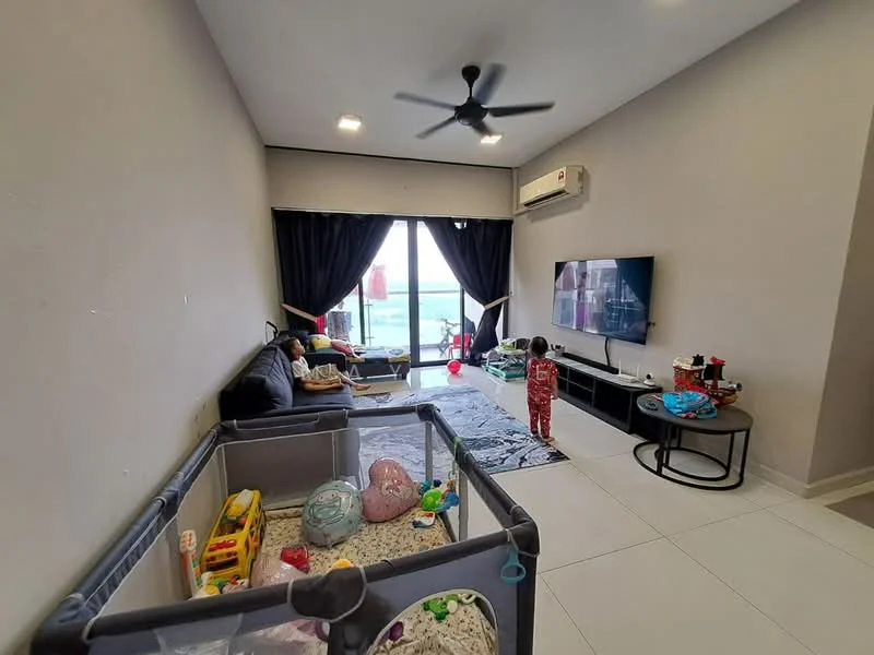 Living features: grey painted walls, white ceiling, 5-blade ceiling fan with light, floor-to-ceiling windows, blackout curtains, sliding glass door, wall-mounted TV, TV console, black fabric sofa, area rug, decorative items on coffee table, playpen with toys; style: modern; view: city.