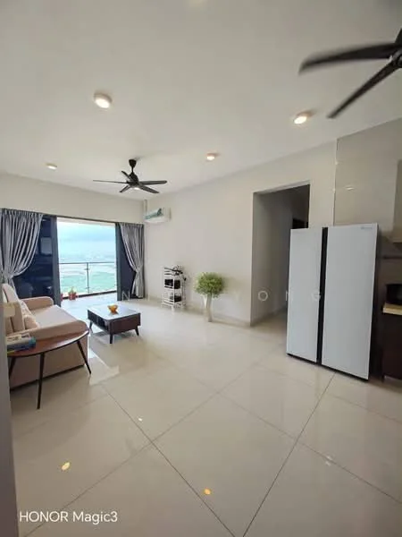 Living features: white painted walls, polished ceramic tile flooring, 5-blade ceiling fan with light, sofa in beige, coffee table, floor-to-ceiling windows, sliding glass door, curtains, air conditioning unit, decorative plant, TV console, wall-mounted TV; style: modern; view: sea.