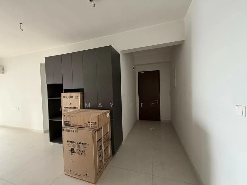 Room features: white painted walls, light grey tile flooring, built-in cabinetry in dark finish, boxes stacked on the floor, doorway leading to hallway, ceiling lights, air conditioning unit on wall; style: modern.