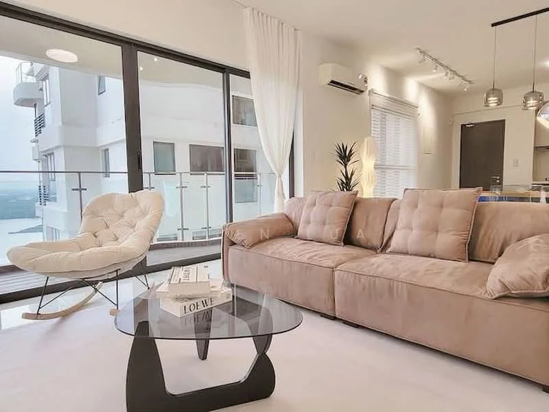 Living features: beige fabric sofa, glass coffee table, floor-to-ceiling windows, white sheer curtains, wooden flooring, recessed LED downlights, air conditioning unit, decorative plant, rocking chair, neutral wall color; style: modern; view: city.