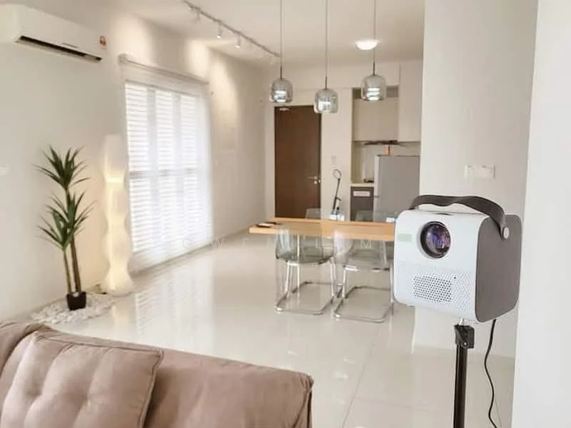 Living features: cream painted walls, glossy white tile flooring, 5-blade ceiling fan with light, floor-to-ceiling windows with blinds, light-colored sofa, decorative floor lamp, indoor plant, projector on stand, dining table with clear chairs, kitchen area visible in background; style: modern.