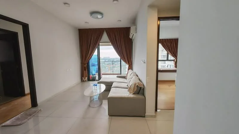 Living features: grey fabric sofa, round coffee table, floor-to-ceiling windows, curtains in brown, white painted walls, marble tile flooring, recessed downlights, wall-mounted air conditioning unit; style: modern; view: city. Room features: white painted walls, marble tile flooring.