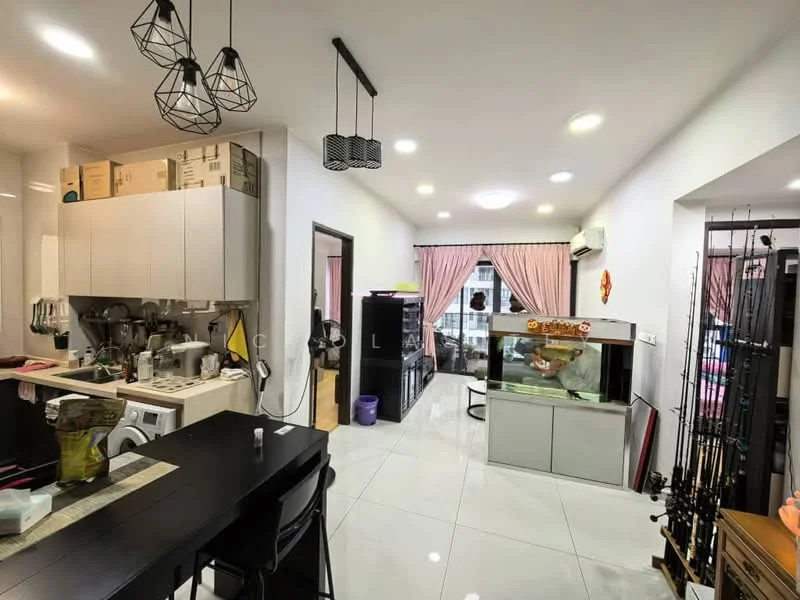 Kitchen features: white cabinetry, black countertop, stainless-steel sink, chrome pull-down faucet, built-in oven, freestanding range oven, microwave, refrigerator, pendant lighting, tile flooring, open shelving, kitchen island, dining table, 5-blade ceiling fan; style: modern. Living features: floor-to-ceiling windows, curtains, air conditioning unit, wall-mounted TV, fishing rods, decorative items; style: modern.