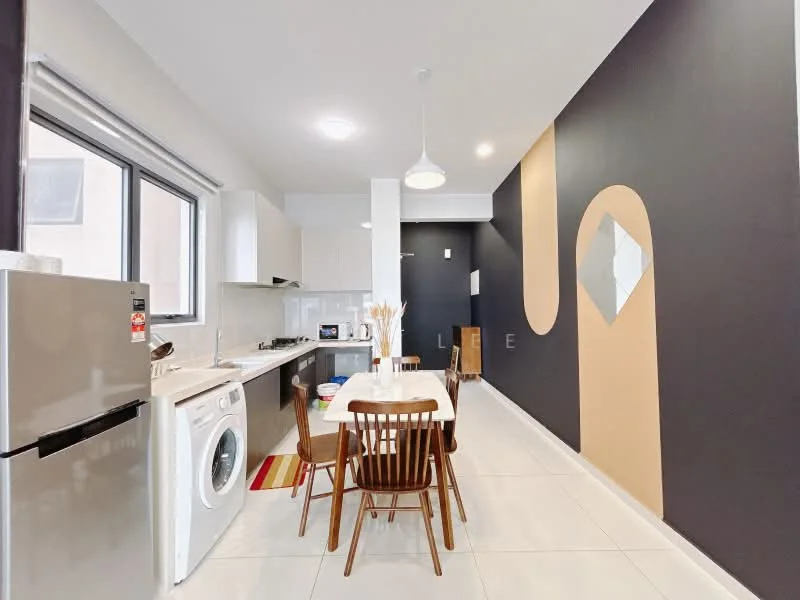 Kitchen features: white cabinetry, stainless-steel fridge, built-in gas stove, oven, washing machine, white countertops, dining table with wooden chairs, pendant light, tile flooring, grey accent wall, large window, decorative wall art; style: modern.