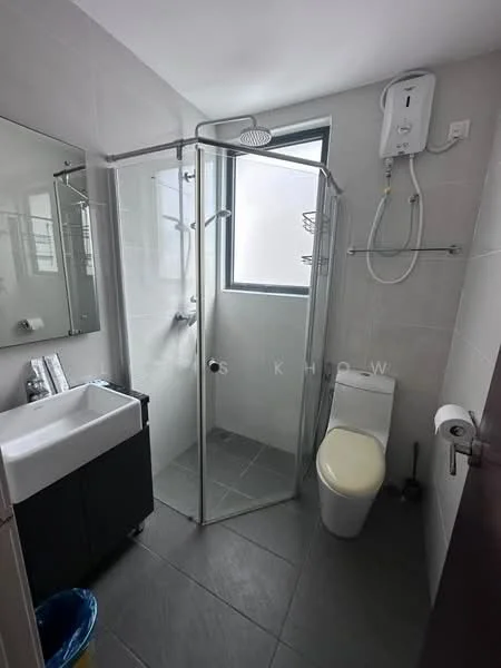 Bathroom features: glass shower enclosure, rain shower head, handheld shower, single-sink vanity with black cabinet, framed mirror, one-piece toilet, tile flooring, grey wall tiles, white wall tiles, water heater, towel rail; style: modern.