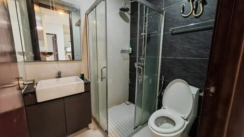 Bathroom features: glass shower enclosure, rain shower head, handheld shower, white ceramic toilet, single-sink vanity with dark wood cabinet, rectangular white sink, mirror above sink, black tile wall, white tile flooring, towel rack, shower caddy, wall-mounted soap dispenser; style: modern.
