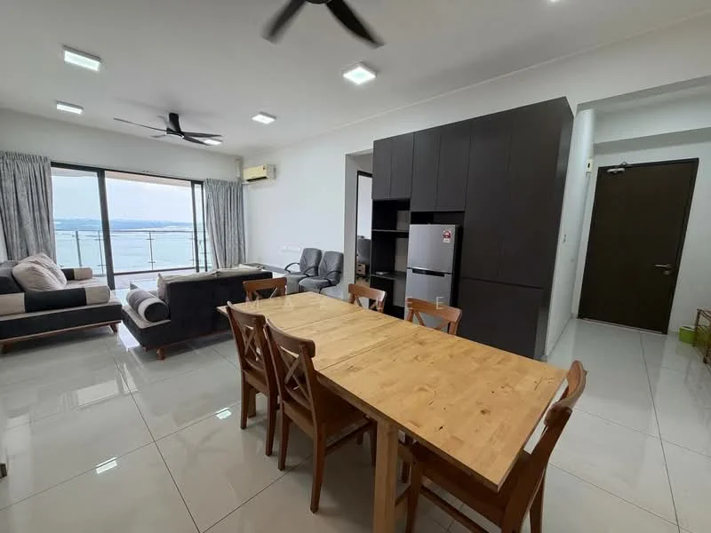 Living features: floor-to-ceiling windows, grey fabric sofa, 3-seater sofa, wooden dining table, 6 wooden dining chairs, refrigerator, black cabinetry, white walls, recessed LED downlights, ceiling fan, tile flooring, curtains, view of the sea; style: modern; view: sea.