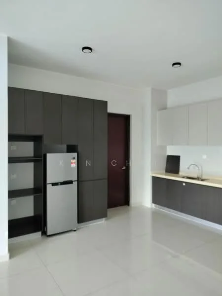Kitchen features: grey cabinetry, white upper cabinets, stainless-steel fridge, single-bowl stainless-steel sink, chrome pull-down faucet, countertop with light-colored surface, tile backsplash, recessed downlights, wall-mounted cabinet, open shelving, ceramic tile flooring, neutral wall color; style: modern.