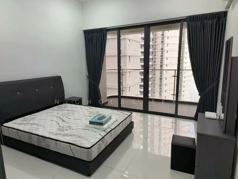 Bedroom features: queen-size bed, upholstered headboard, white bedding, floor-to-ceiling windows, sliding glass door, blackout curtains, glossy tile flooring, wall-mounted TV, nightstand, decorative wall paneling; style: modern; view: city.