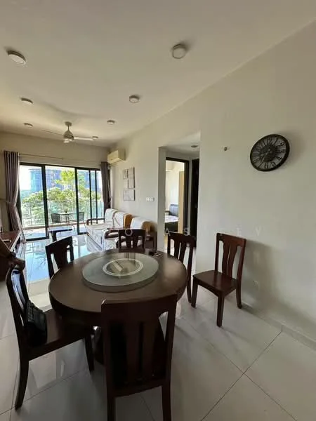 Dining features: round dining table, 4 wooden dining chairs, white tiled flooring, ceiling with recessed lighting, wall clock, large glass sliding door, curtains, view of greenery; style: modern; view: garden. Living features: sofa, coffee table, floor-to-ceiling windows, air conditioning unit; style: modern; view: garden.