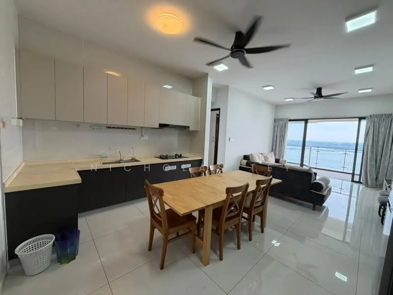 Kitchen features: white cabinetry, black countertop, built-in stove, sink, recessed downlights; style: modern; view: city. Living features: 3-seater fabric sofa in dark color, dining table with 6 wooden chairs, floor-to-ceiling windows, ceiling fan, curtains, tile flooring; style: modern; view: city.