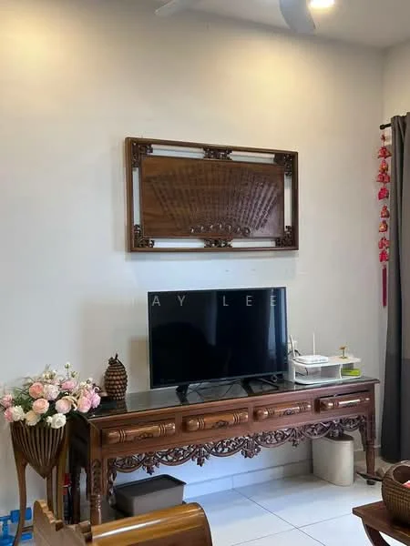 Living features: cream painted walls, white ceiling, 5-blade ceiling fan, wooden console table with intricate carvings, flat-screen TV on console, decorative wall art, decorative flower arrangement, curtains, tile flooring; style: traditional.