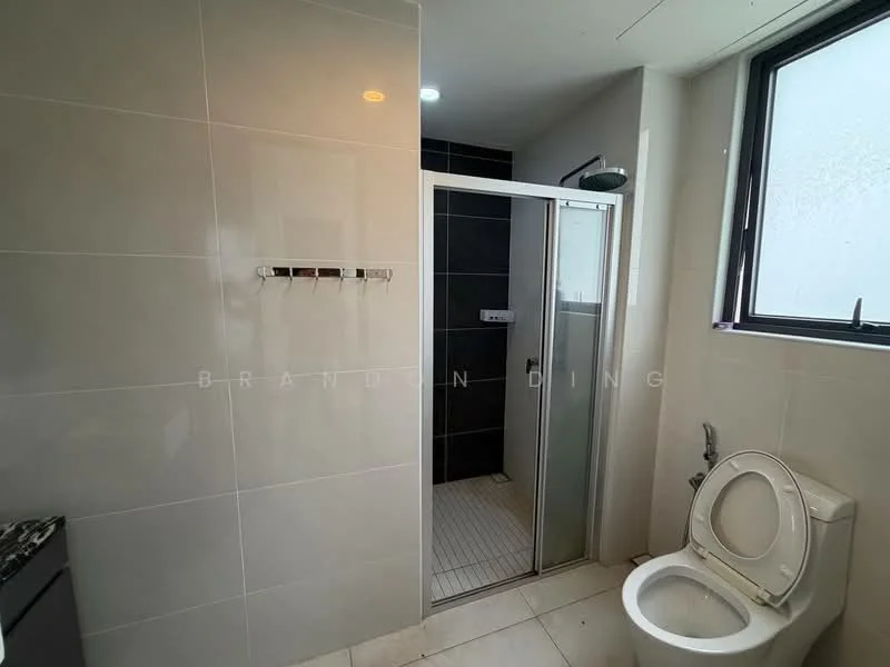 Bathroom features: white tiled walls, grey tiled accent wall, ceramic tile flooring, walk-in shower with glass enclosure, chrome shower head, single-sink vanity with granite countertop, white toilet, mirror above vanity, window for natural light, towel rack; style: modern.