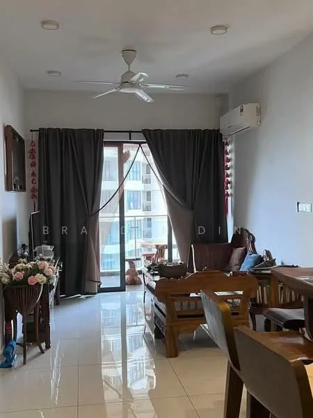 Living features: white painted walls, glossy tile flooring, 5-blade ceiling fan with light, floor-to-ceiling sliding glass door, dark grey curtains, wooden dining table, wooden chairs, TV console, wall-mounted TV, decorative flower arrangement, air conditioning unit; style: modern.