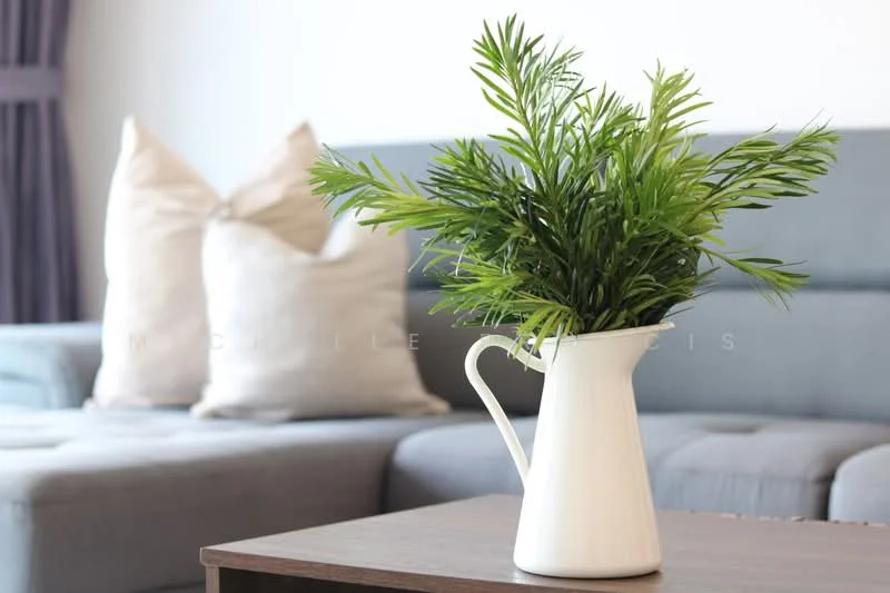 Room features: grey fabric sofa, decorative throw pillows in beige, wooden coffee table, white ceramic pitcher with greenery, natural light from window, neutral wall color, curtains in dark color; style: modern.