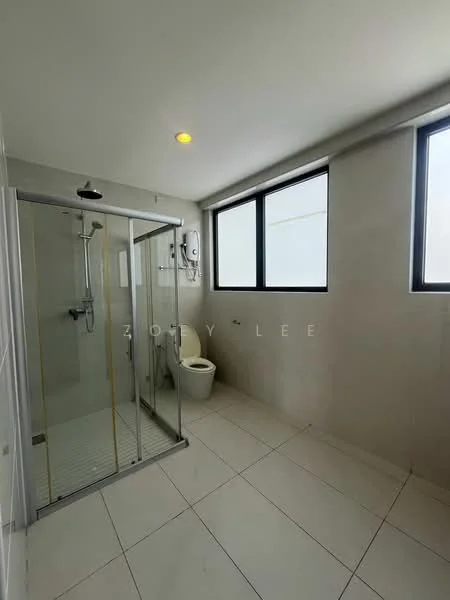 Bathroom features: glass shower enclosure, rain shower head, handheld shower, white tiled walls, light grey tiled flooring, toilet, single-sink vanity, mirror, window with natural light, ceiling light; style: modern.