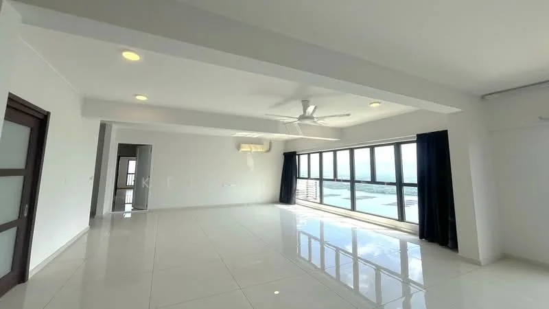 Living features: white painted walls, polished ceramic tile flooring, tray ceiling, 5-blade ceiling fan with light, floor-to-ceiling windows, blackout curtains, air conditioning unit, open layout; style: modern; view: city.
