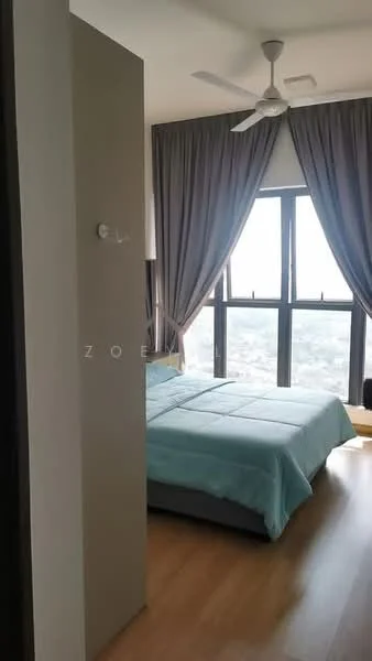 Bedroom features: king-size bed with light blue bedding, floor-to-ceiling windows, grey curtains, wooden flooring, 5-blade ceiling fan, decorative wall panel, city view, nightstand; style: modern; view: city.