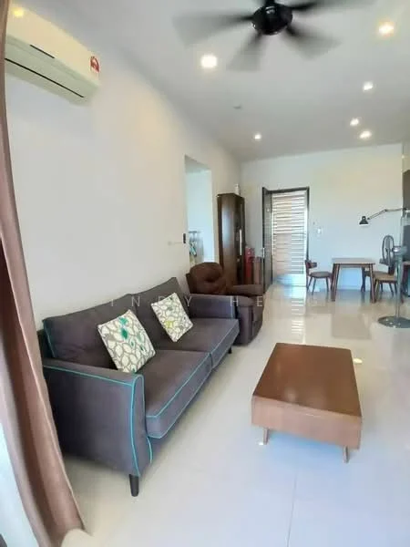 Living features: 3-seater fabric sofa in grey with turquoise piping, coffee table in wood, wall-mounted TV, 1 wall-mounted split AC, ceiling fan, light-colored walls, glossy tile flooring, decorative cushions, open layout to dining area, natural light from windows, wooden door leading outside; style: modern.