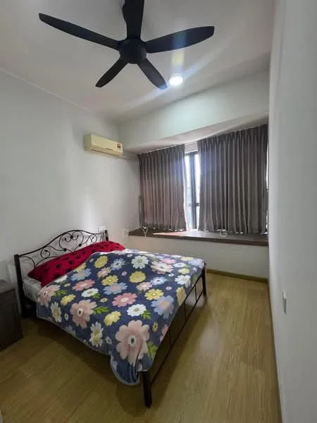Bedroom features: queen-size bed with floral blanket, wooden flooring, grey painted walls, floor-to-ceiling window, curtains, wall-mounted split AC, ceiling fan with light, nightstand, decorative wall art; style: modern.