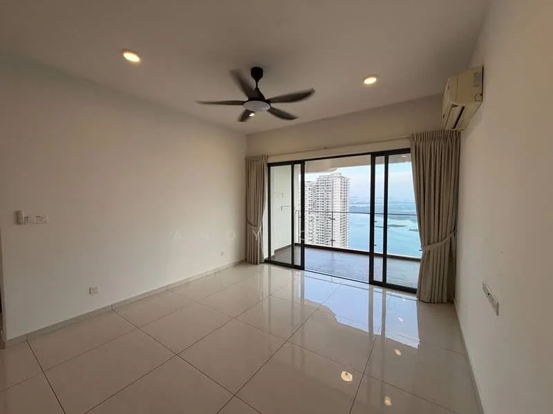 Living features: white painted walls, polished ceramic tile flooring, 5-blade ceiling fan with light, floor-to-ceiling windows, sliding glass door, curtains, wall-mounted split AC, balcony access; style: modern; view: city.