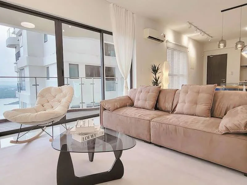 Living features: beige fabric sectional sofa, glass coffee table with black base, floor-to-ceiling windows, sheer curtains, wall-mounted split AC, decorative plant, light-colored walls, recessed downlights; style: modern; view: city.