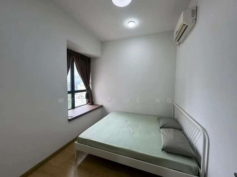 Bedroom features: white painted walls, laminate flooring, window with city view, brown curtains, queen-size bed with light green bedding, 2 grey pillows, 1 ceiling light, 1 wall-mounted split AC; style: modern; view: city.