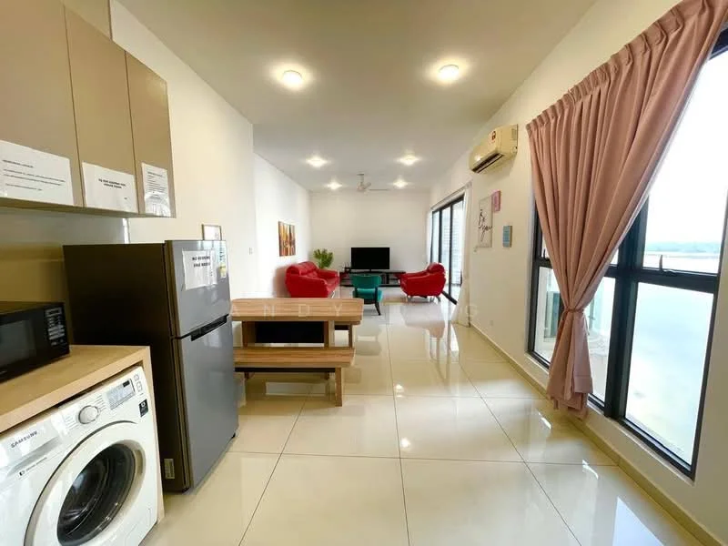 Kitchen features: stainless-steel fridge, built-in microwave, wooden dining table, washing machine, ceramic tile flooring, cream cabinetry; style: modern. Living features: 2 red armchairs, black TV console, wall-mounted TV, recessed ceiling lights, large windows, curtains, air conditioning unit, polished tile flooring; style: modern.