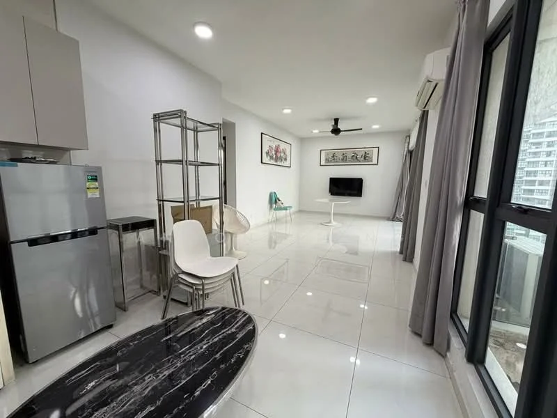 Living features: white painted walls, glossy tile flooring, 5-blade ceiling fan with light, wall-mounted TV, sofa, coffee table with marble top, dining chairs, glass display shelf, large windows with city view, curtains, air conditioning unit; style: modern; view: city.