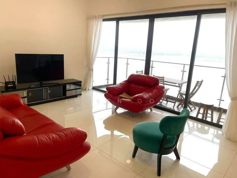 Living features: red leather 3-seater sofa, red leather armchair, green upholstered accent chair, black TV console, flat-screen TV, floor-to-ceiling sliding glass doors, white sheer curtains, glossy white tile flooring, dining table with chairs visible through the glass doors, view of the outdoor space; style: modern; view: city.