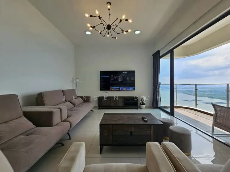 Living features: 3-seater fabric sofa in beige, 2-seater fabric sofa in beige, wooden coffee table, wall-mounted TV, TV console, floor-to-ceiling windows, sliding glass door, city view, recessed downlights, chandelier, ceramic tile flooring, decorative wall art; style: modern; view: city.