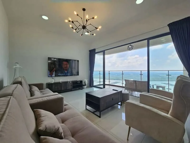 Living features: 3-seater fabric sofa in beige, 2-seater armchair in light grey, coffee table in dark wood, wall-mounted TV, floor-to-ceiling windows, sliding glass door, curtains in dark blue, recessed downlights, chandelier with multiple bulbs, tile flooring in light colour, decorative wall art, open view of the city skyline; style: modern; view: city.