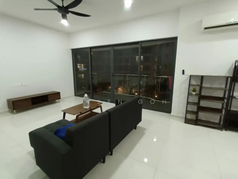 Living features: grey fabric 3-seater sofa, wooden coffee table, TV console, floor-to-ceiling windows, sliding glass door, white painted walls, polished ceramic tile flooring, ceiling fan, wall-mounted air conditioning unit, open shelving unit, decorative items on shelves; style: modern; view: city.