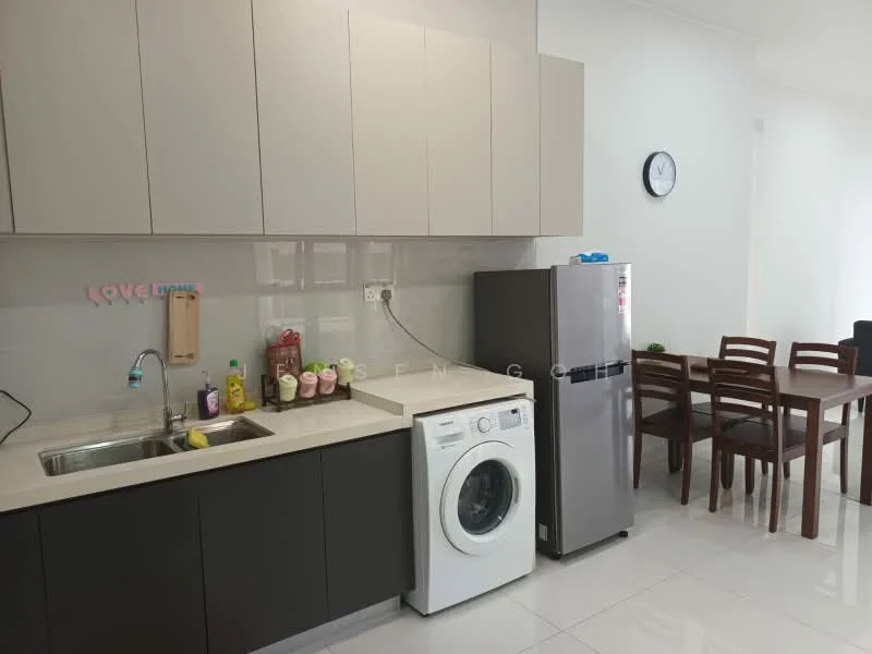 Kitchen features: single-bowl stainless-steel sink, chrome pull-down faucet, grey cabinetry, white countertop, built-in washing machine, stainless-steel fridge, wall clock, dining table with four chairs, tile backsplash, white walls, recessed lighting, ceramic tile flooring; style: modern.