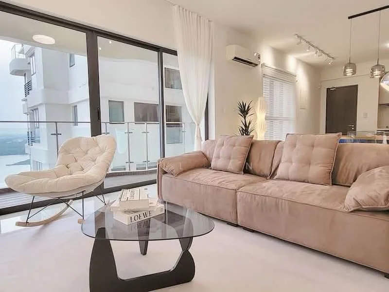 Living features: beige fabric sofa with cushions, glass coffee table with black base, floor-to-ceiling windows, sheer curtains, wall-mounted split AC, decorative houseplants, recessed downlights, light-colored flooring, neutral wall color, modern light fixtures; style: modern; view: city.