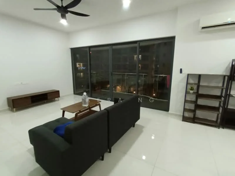 Living features: 3-seater fabric sofa in dark grey, coffee table, TV console, wall-mounted TV, floor-to-ceiling windows, sliding glass door, white painted walls, polished ceramic tile flooring, ceiling fan, air conditioning unit, open shelving unit, decorative items on shelves; style: modern; view: city.
