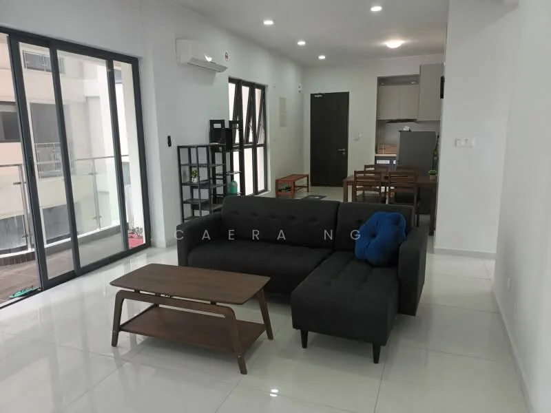 Living features: 3-seater fabric sofa in black, L-shape sectional sofa in grey, wood coffee table, floor-to-ceiling windows, sliding glass door, white painted walls, polished tile flooring, wall-mounted split AC, recessed downlights, dining table with chairs visible in background; style: modern; view: city.