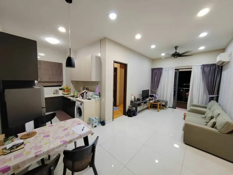 Kitchen features: white cabinetry, stainless-steel fridge, built-in oven, washing machine, grey countertop, ceramic tile flooring, recessed downlights; style: modern. Living features: 3-seater fabric sofa in light grey, coffee table, TV console, wall-mounted TV, ceiling fan, white walls, ceramic tile flooring, curtains; style: modern; view: city.