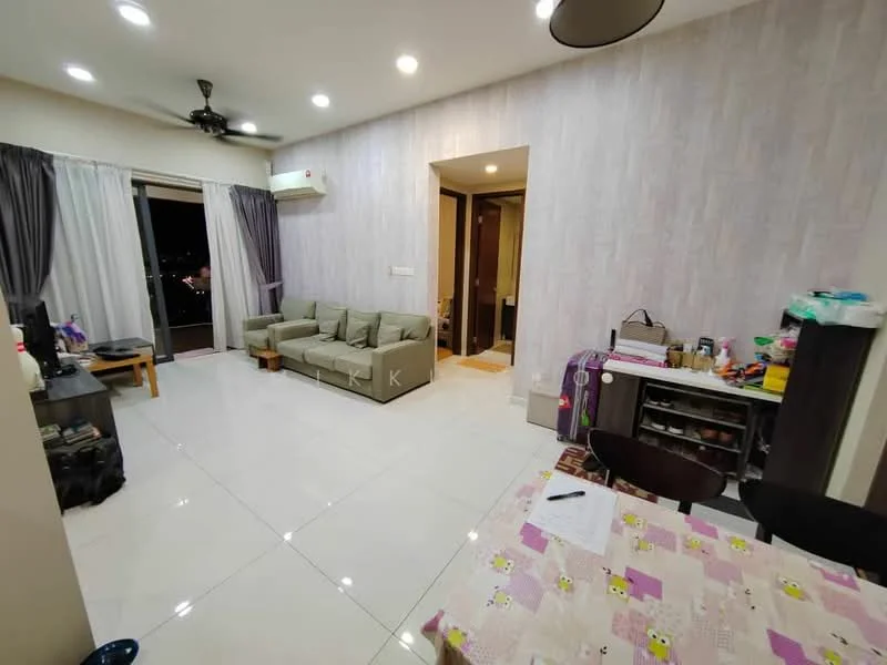 Living features: 3-seater fabric sofa in light grey, floor-to-ceiling windows, sliding glass door, white walls with wood paneling, recessed downlights, white glossy tile flooring, ceiling fan, TV console, decorative wall clock; style: modern; view: city. Dining features: dining table with floral tablecloth, black dining chairs, open shelving unit, kitchenette area with countertop; style: modern.