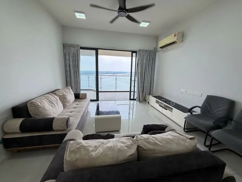 Living features: 3-seater fabric sofa in beige and black, 2-seater fabric sofa in beige, white coffee table, TV console with storage, floor-to-ceiling windows, sliding glass door, grey curtains, wall-mounted split AC, recessed LED downlights, glossy tile flooring, ceiling fan; style: modern; view: sea.