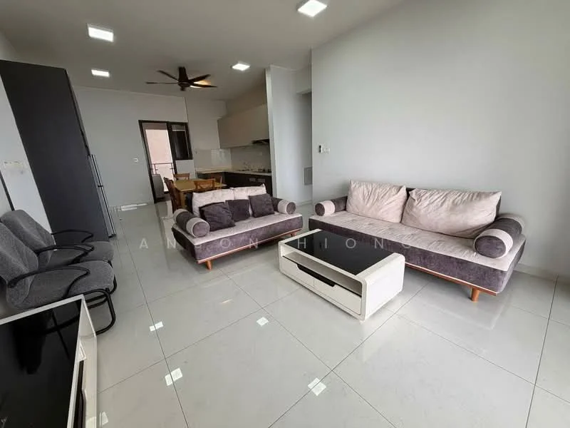Living features: 2-seater fabric sofa in grey, 3-seater fabric sofa in beige, white coffee table, wall-mounted TV console, ceiling fan with light, recessed LED downlights, large floor-to-ceiling windows, porcelain tile flooring, neutral painted walls; style: modern. Kitchen features: open kitchen layout, kitchen island, stainless-steel sink, built-in cabinets, ceramic tile backsplash, freestanding range oven, refrigerator, microwave; style: modern.